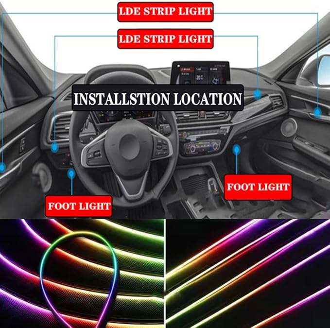 LED Interior Car Strip Light, Multicolor RGB 9 in 1 Optic Ambient Lighting Kits，Dual Control with Switch and A P P, Neon Lights On Car Dashboard with Music Sync Mode (9 in 1)