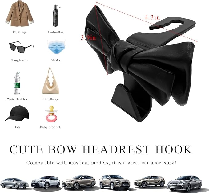 2PCS Purse Holder for Car Hooks, Cute Bow Car Seat Headrest Hooks Handbag Hanger, Bow Knot Auto Back Seat Organizer Storage Hook for Purse Bags Umbrellas, Car Accessories (Black)