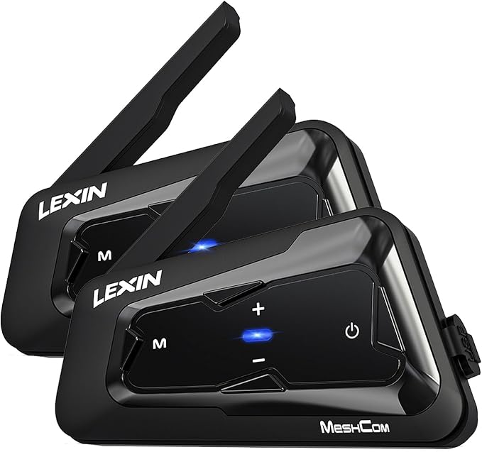 LEXIN MeshCom Motorcycle Helmet Bluetooth Headset, 24 Riders Mesh Communication System, Dual Chips with Audio Multitasking/Music Sharing/1100mAh Battery/FM Radio/Noise Reduction/Waterproof, Dual Pack