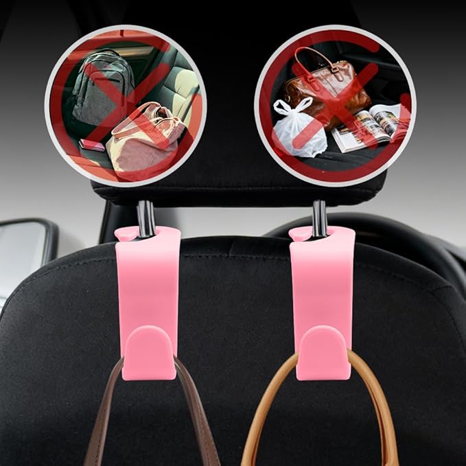 4PCS Car Seat Headrest Hooks, Purse Hook for Car, Auto Back Seat Organizer Storage Hanger Holder, Auto Accessories Multi-Use Portable Headrest Organizer Holder for Purse Handbag Coats (Pink)