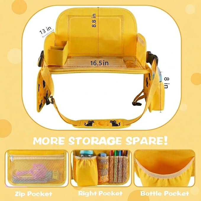 MENZOKE Kids Travel Tray for Toddler Car Seat, Toddler Gift for Boy Activities with iPad Holder Stand & Storage Pockets, Road Trip Essentials Accessories Lap Tray as Travel Gifts for Kid, Yellow