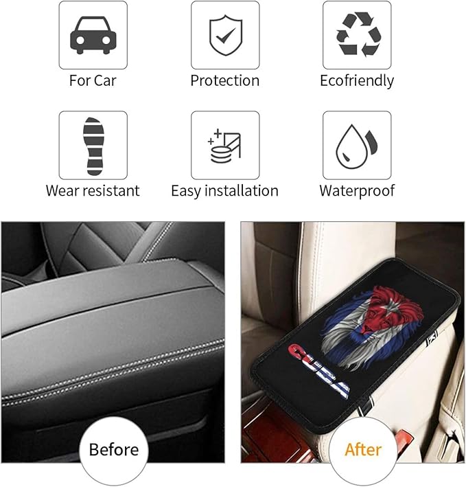 Vintage Cuba Cuban Flag Lion Head Auto Center Console Armrest Cover Car Handrail Box Cushion Pad Mat Universal Fit Most Vehicle Sedan Truck SUV Soft Comfort Decor Accessories