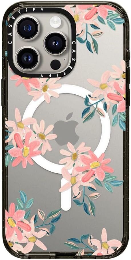 CASETiFY Impact iPhone 15 Pro Max Case [Slim/Compatible with Magsafe / 8.2 ft. 4X Military Grade Drop Protection] - Pink Daisies - Clear Black