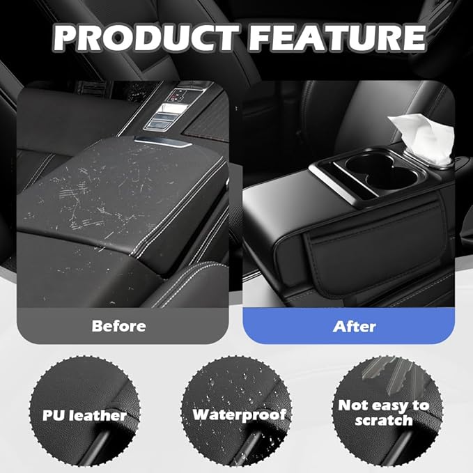 4 in 1 Center Console Cover,Multifunctional Car Armrest Storage Box with Cup Holder& Phone Holder& Car Tissue Holder,7.68 * 13.98" Arm Rest Cover for Cars with 2 Side Pockets