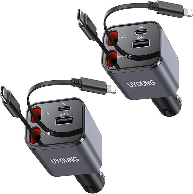 2Pack iPhone Car Charger Retractable Fast Phone Chargers, 4 in 1 Car Charger Cigarette Lighter Adapter with 2 Cables 30 Inch and 2 USB Ports, for iPhone 17/16/15/14/13/Pro, Gifts for Women Men