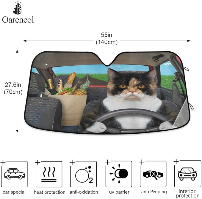 Cat Driving Car Windshield Sun Shade Fun Animal Cool Foldable UV Ray Sun Visor Protector Sunshade to Keep Your Vehicle Cool (55" x 27.6")