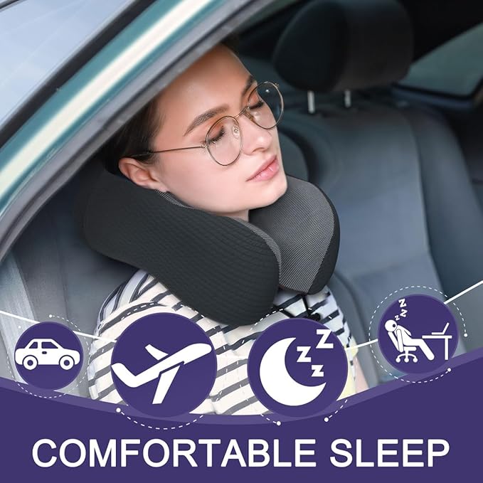 napfun Neck Pillow for Traveling, Upgraded Travel Neck Pillow for Airplane 100% Pure Memory Foam Travel Pillow for Flight Headrest Sleep, Portable Plane Accessories, Black Striped Kit