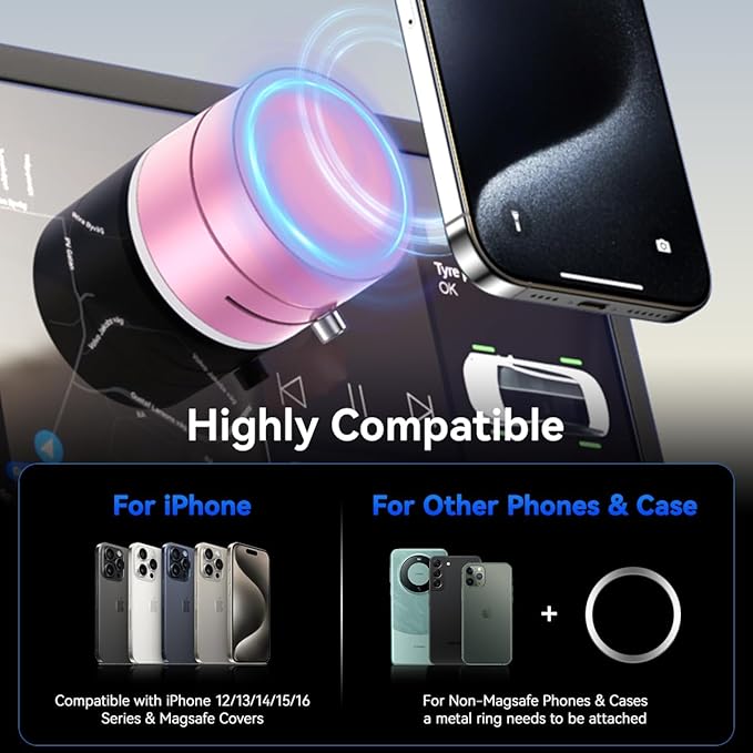Vacuum Magnetic Suction Phone Holder,Upgraded 360° Adjustable Suction Cup Car Phone Mount,Hands-Free Cell Phone Holder for Car/Gym/Mirror/Smooth Surface,Compatible with iPhone 16/15/14/13/12 （Pink)