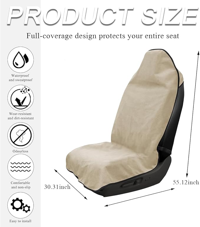 Waterproof Car Towel Seat Cover, Sweating Non-Slip Premium Towel Carseat Cover Protector, Universal Soft Machine Washable Car Truck SUV Front Seat Cover for Gym Workout Beach Hiking (Beige)