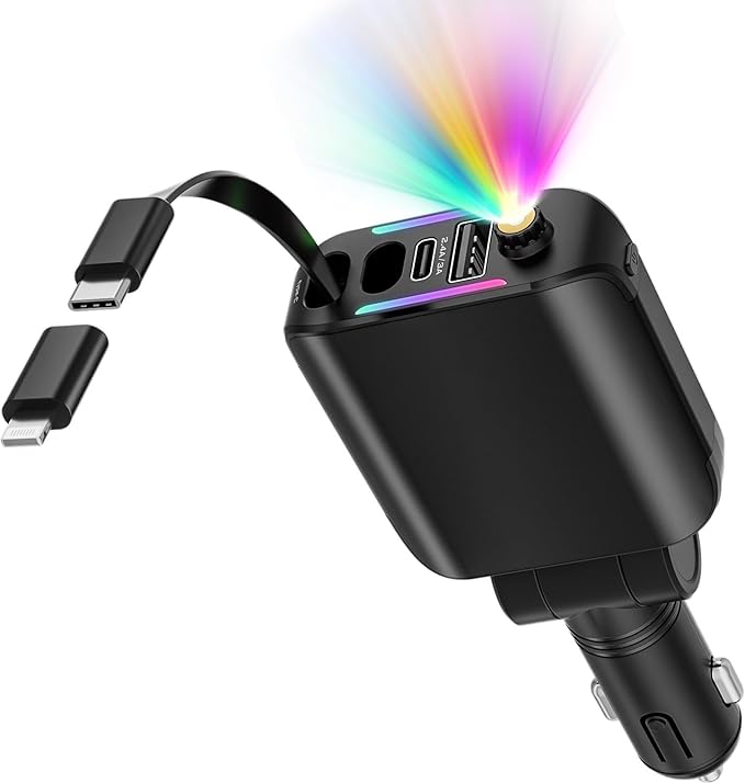 Retractable Car Charger with Starlight, 4 in 1 [120W] USB C for iPhone and Android Car Charger Fast Charging, Compatible with iPhone 16/15/14/13/12/11, Valentines Gifts for Women Men (Black)