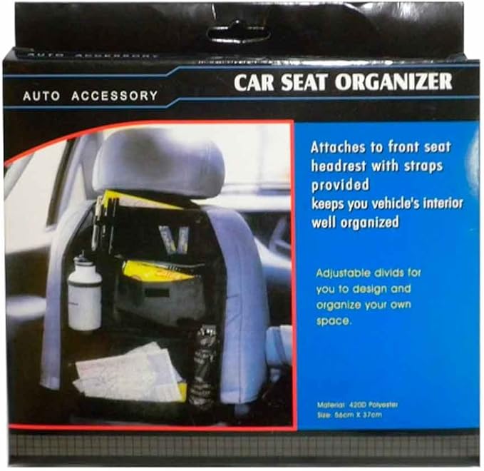 Car Backseat Organizer 11X19" Tablet Hold 3 Storage Pockets Travel Accessory Blk Seat Back Protector Kick Mats for Kids Toddlers, Travel Accessories Auto Seat Storage Hanging Bag, Phones, Drink, Stuff