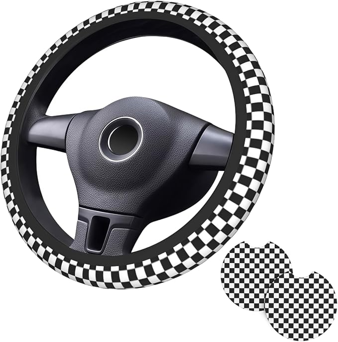 Black and White Checkered Steering Wheel Cover Wheel Cover Anti-Slip Breathable Universal for 15 Inch Car Steering Wheel Cover with 2 Pieces Car Coasters Suitable for Men Women