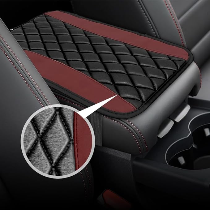 Car Center Console Cushion Pad, Arm Rest Covers, 12.6"×7.5" Leather Waterproof Auto Armrest Seat Box Protector, Auto Comfortable Center Console Cover Universal for Most Vehicles (Wine Red)
