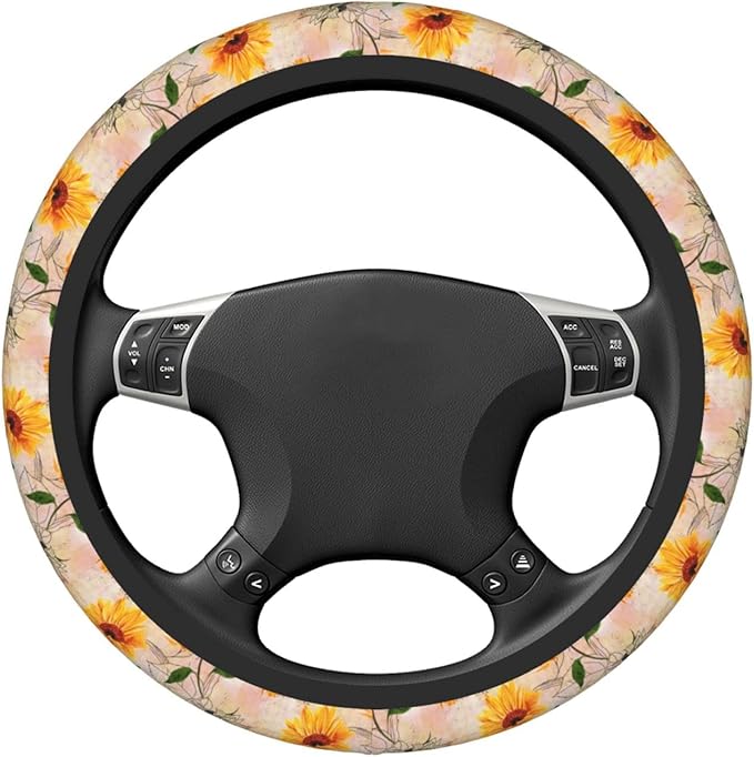 Vintage Sunflower Steering Wheel Cover Women Men Elastic Stretch Soft Car Wheel Protector Universal Breathable No-Slip Car Accessories for Truck Van SUV Auto Fit 14-15 Inches