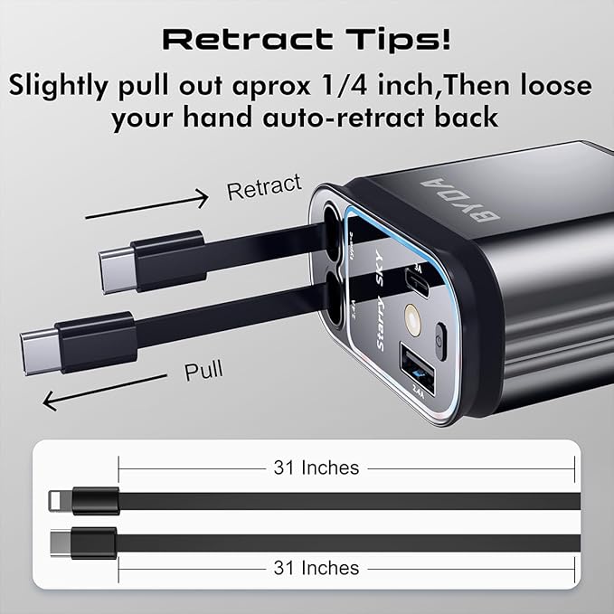 4 in 1 Retractable Car Charger with Starry Light,69W USB-C Fast Car Charger, for iPhone 17/16/15/14/13/12/11, Android,Pixel,Cigarette Lighter Charger (Dual Cord USB-C)