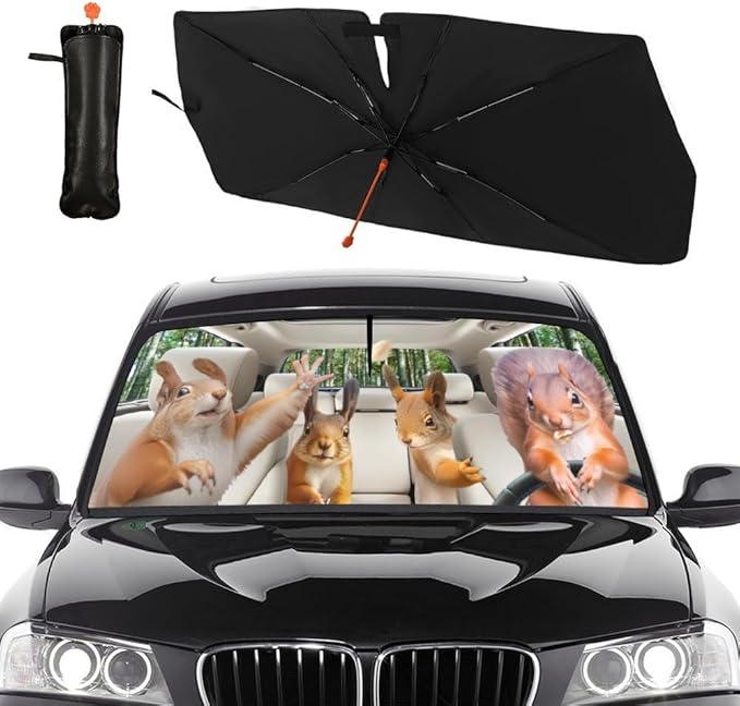 Socira Funny Squirrels Car Windshield Sunshade Umbrella Foldable Visor Umbrella Sun Shade Cover Funny Animal Sunshade Front Window Cover Squirrels Car Accessories Blocks Uv Rays 57" X 30"