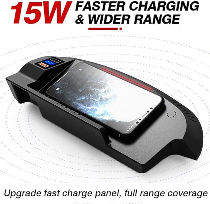 Wireless Car Charger for Ford Mustang 2015 2016 2017 2018 2019 2020 Center Console Accessory Panel, 15W Fast Charging Phone Charger Pad with QC3.0 USB Port for iPhone Galaxy Any Qi Phone