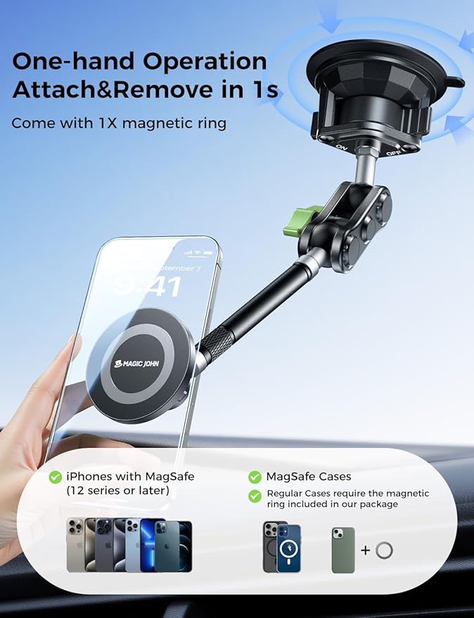MAGIC JOHN Magnetic Car Phone Holder [Strong Suction&Strong Magnetic] 360° Adjustable Car Phone Mount for Windshield, Ultra-Durable Metal, Suction Cup Car Phone Mount for iPhone Samsung All Smartphone