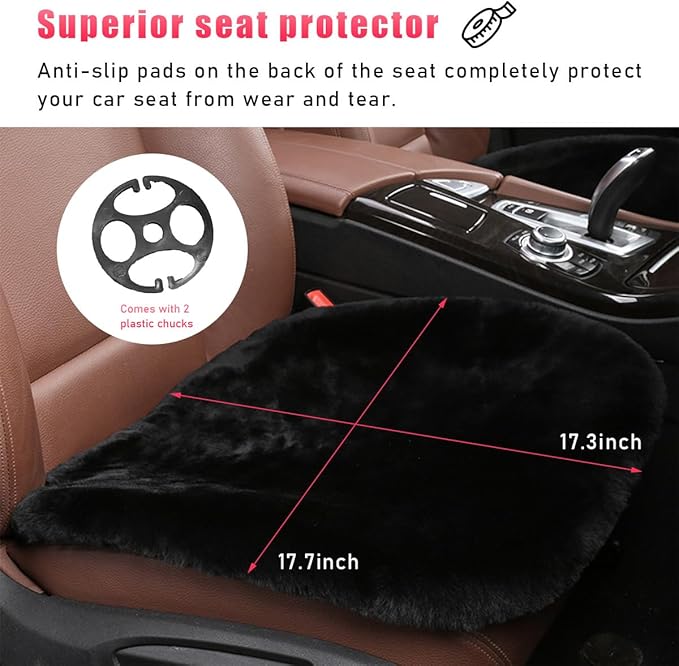 Sheepskin Car Seat Cushion, Comfortable Soft Fur Wool Auto Front Seat Cover, Vehicle Seat Protector Pad for Warm Winter Office Chair, Universal Decor Car Accessories (Black)