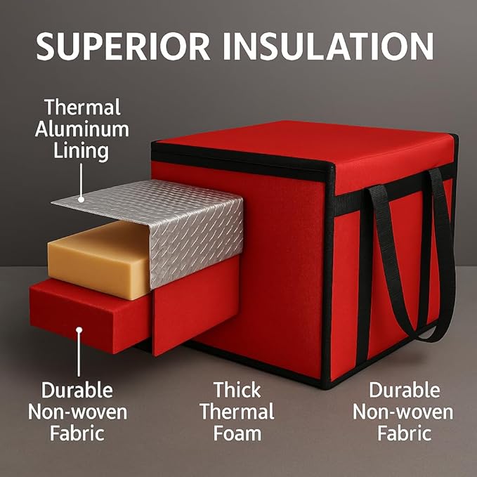 musbus Extra large XXXL Insulated Food Delivery Bag Cooler Bags Keep Food Warm Catering Therma Catering Bag for doordash 22x14x13 Cooler Bags Therma Shopper hot warming RED Pizza BLACK