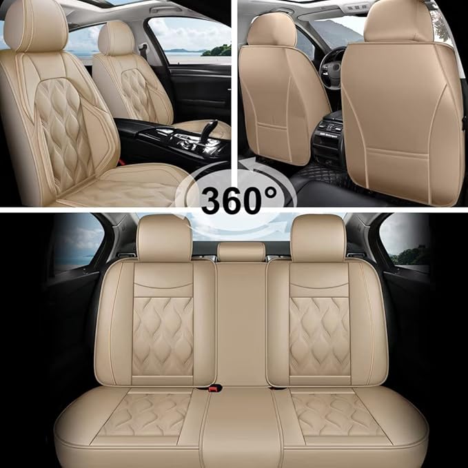 AOMSAZTO Car Seat Covers,Full Set 5 Seats Custom Fit for Toyota Camry 2002-2026,Faux Leather Automotive Cushion Covers Seat Protector,Airbag Compatible Waterproof Beige