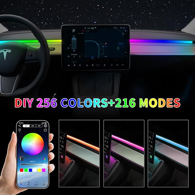 for Tesla Model 3 Y LED Dashboard Ambient Lighting Interior Lights Neon Light Kits 2025 2024 2023 2022 2021 Accessories Accessory RGB Dreamcolor, App & Remote & USB Hub, DC 12V