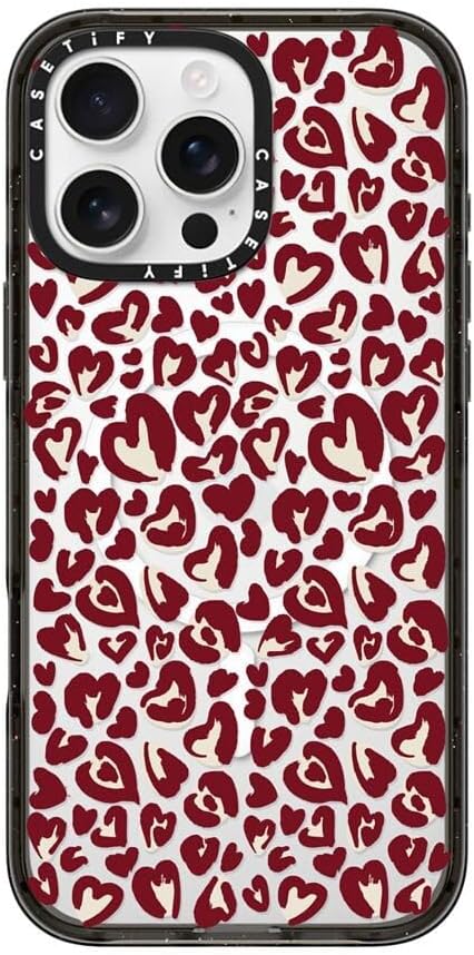 CASETiFY Impact iPhone 16 Pro Max Case [Slim/Compatible with Magsafe / 8.2 ft. 4X Military Grade Drop Protection] - Leopard Love- Red - Clear Black
