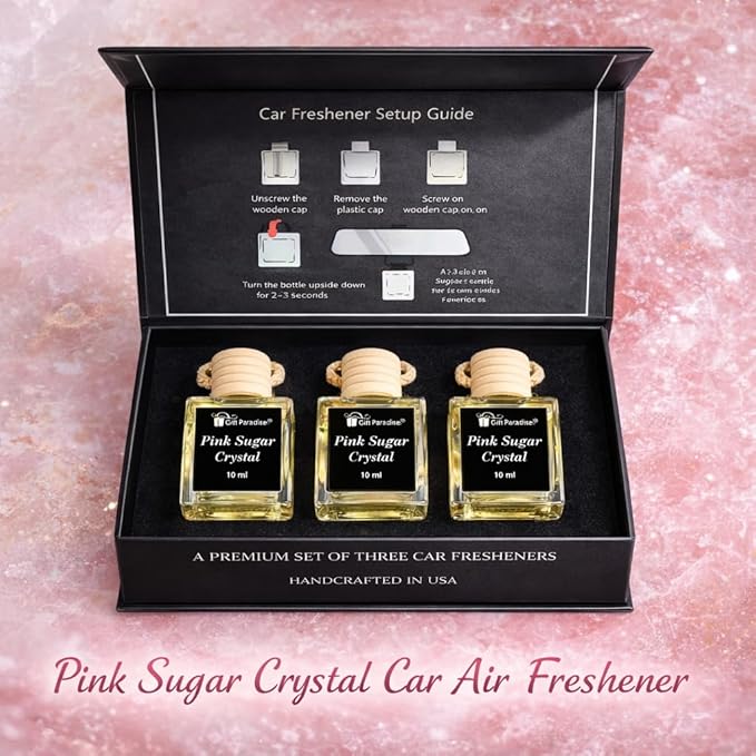 Pink Sugar Crystal Car Air Freshener Set of 3 with Magnetic Gift Box, 10 ml Hanging Diffuser Bottles with Wooden Cap, Sweet Vanilla Cotton Candy Scent for Car, Home & Closet