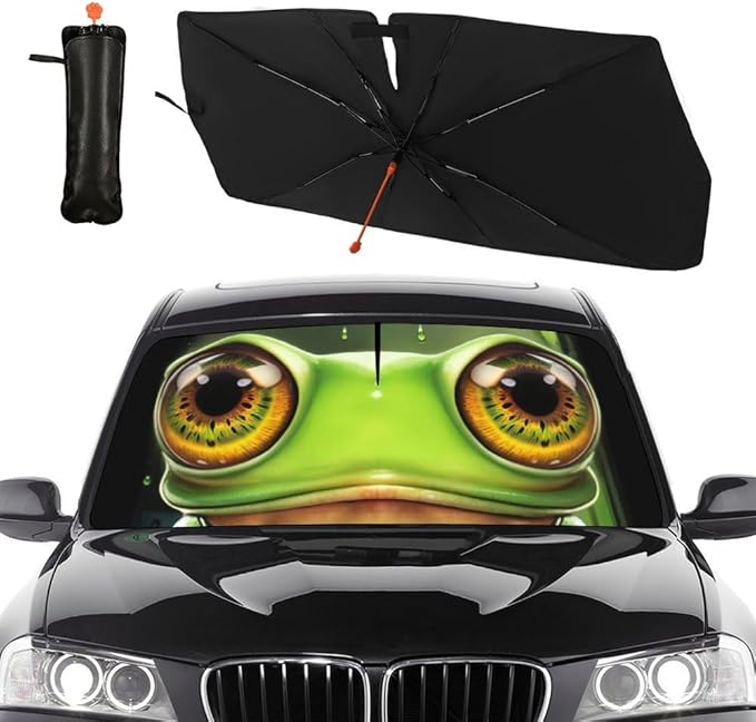 Socira Funny Frog Car Windshield Sunshade Umbrella Foldable Frog Eye Umbrella Sun Shade Windshield Cover Sunshade Frog Car Accessories Blocks Uv Rays Keeps Cool (57" X 30")