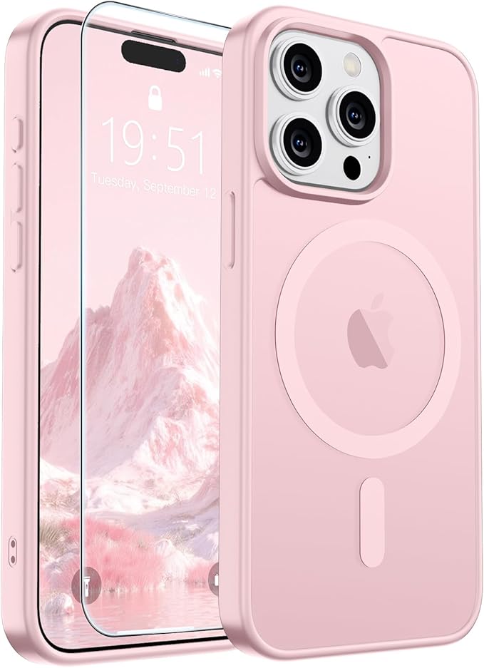 SUPFINE Magnetic for iPhone 15 Pro Case with Screen Protector (Compatible with MagSafe) (Military Grade Drop Protection) Translucent Matte Shockproof Phone Cover,Light Pink