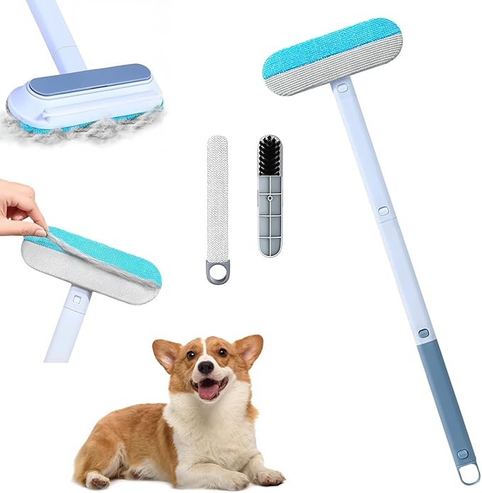 4 in 1 Pet Hair Remover - Washable & Reusable Long-Handle Tool, Gentle Removal for Dog/Cat Hair on Couch, Carpet, Furniture - Also Works for Window & Tile Cleaning (23.2inch)