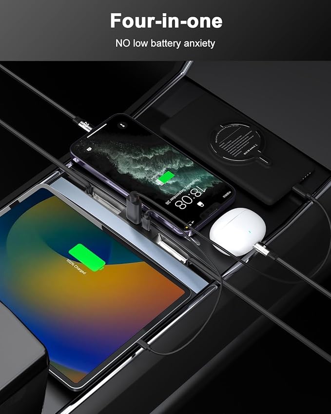 65W USB Hub for Tesla Model 3 Highland/Model Y Juniper 2024 2025 Waterproof - 4Ports Fast Charger Tesla Accessories for Tesla Phone Charger 2 Type-C Fast Charging Cables
