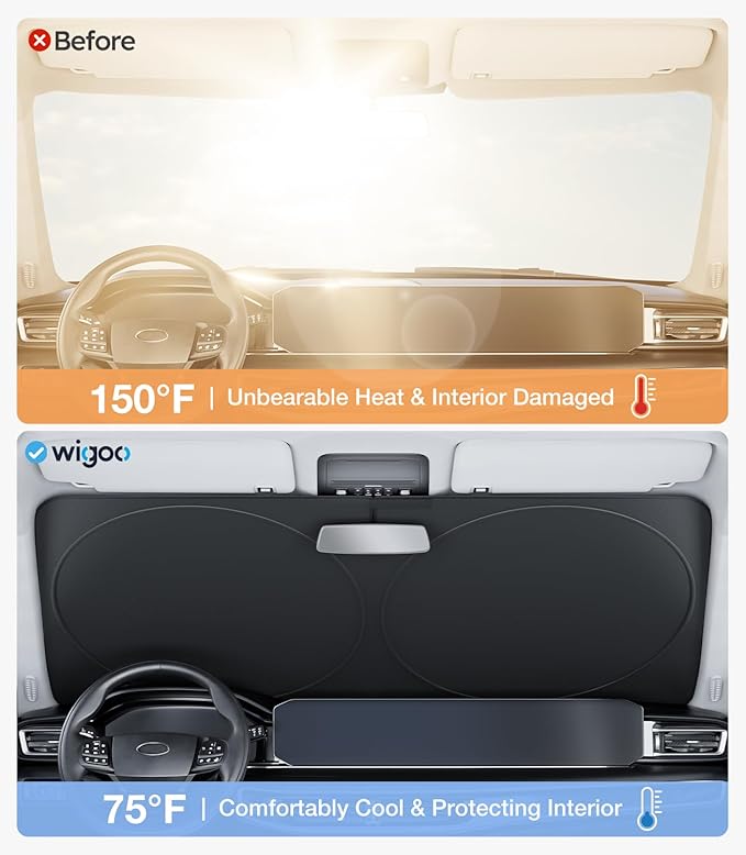 Wigoo 2025 Upgrade Car Windshield Sun Shade [100% Light Block, 4th-Gen Cooling Tech] Foldable Heat Insulation Sun Visor with Storage Bag for Sedan/MPV/SUV/Pickup (XL (69"x35")