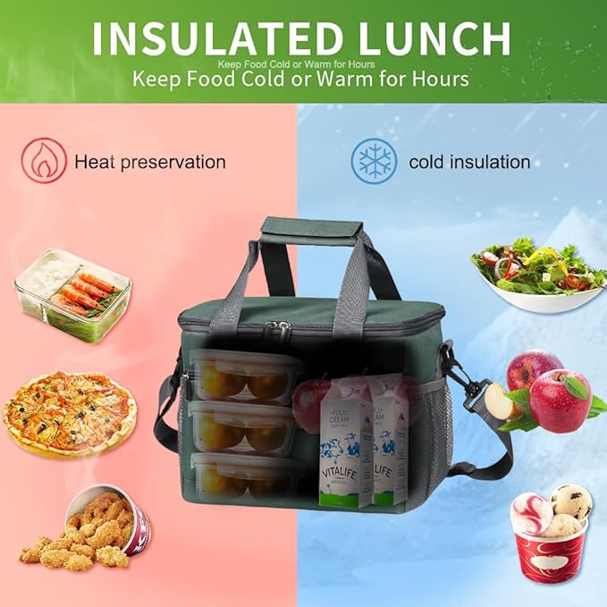 iknoe Insulated Lunch Bag, Foldable 8.5L Cooler Bag for Men & Women, Leakproof Thermal Design, Great for Office, Picnic, Travel, Lunch Box, Grayish green