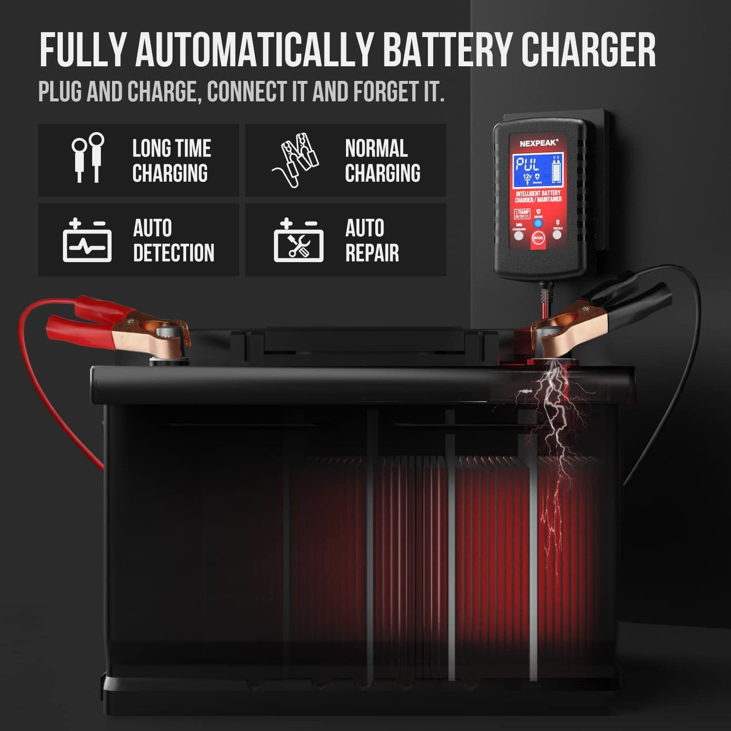[3-Pack]1.75-Amp Car Battery Charger, 6V and 12V Smart Fully Automatic Battery Charger Maintainer, Trickle Charger, Battery Desulfator for Car, Lawn Mower, Motorcycle, Boat, Marine Lead Acid Batteries