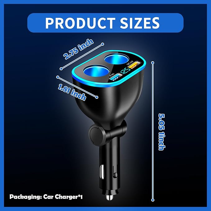 2026 Upgrade Car Cigarette Lighter Splitter,4 in 1 Double Cigarette Lighter Adapter with USB Port 2.4A & QC3.0 Super Fast for Mobile Phone,Dash Cam,12/24V Car Charger with LED Voltmeter