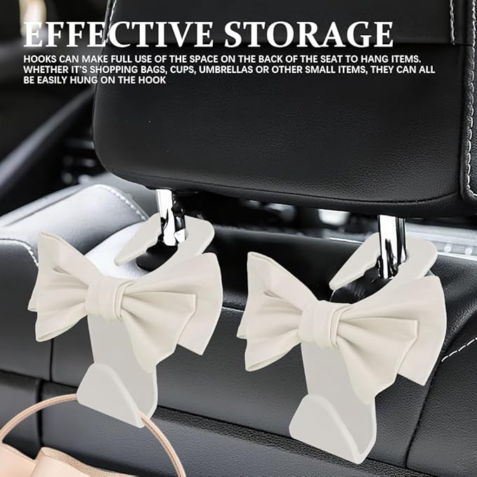 2PCS Car Purse Hooks, Car Hooks for Purses and Bags Cute, Cute Bow Shaped Vehicle Backseat Storage Hanger, Auto Leather Bow Back Seat Storage Hanging Holder Universal for Women Girls (White)