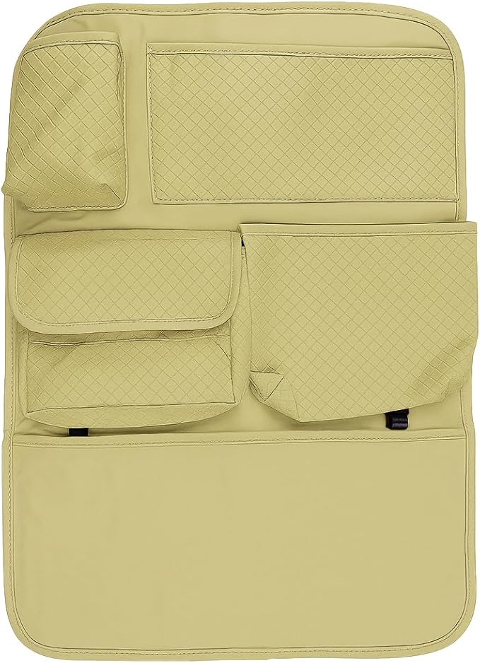 Car Backseat Organizer, Leather Auto Seat Back Kick Mats Protector, Multi-Pocket Car Rear Seat Hanging Storage Bag with Tissue Holder, Travel Accessories for Most Cars SUV Truck (Beige)