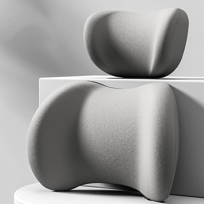 Car Headrest & Lumbar Support Cushion, Ergonomic Car Seat Headrest & Lumbar Cushion with Adjustable Strap for Neck Back Pain Relief, Memory Foam & Breathable Car Head Lumbar Rest Set (Gray)