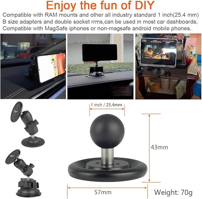 Magnetic Phone Holder Base with B Size 1 inch Ball for Magsafe iPhone 17/16/15/14/13/12 Compatible with RAM mounts B Size Double Socket Arm Magnetic Ball Phone Holder for Car