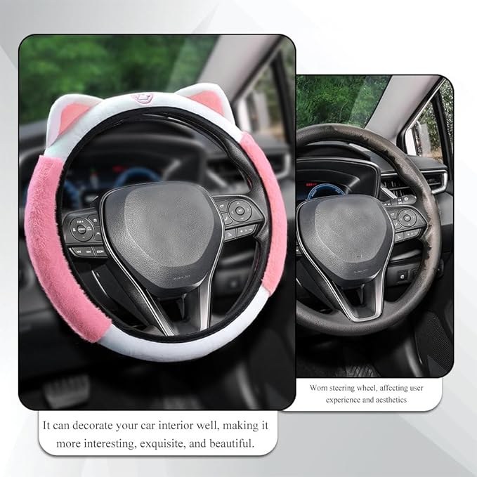 Car Steering Wheel Cover, 15 Inch Fluffy Soft Plush Auto Protector, Anti-Slip Elastic Lovely Car Cover Accessories with Kitty Cat Ears Universal for Most Cars (Fluffy-White+Light Pink)