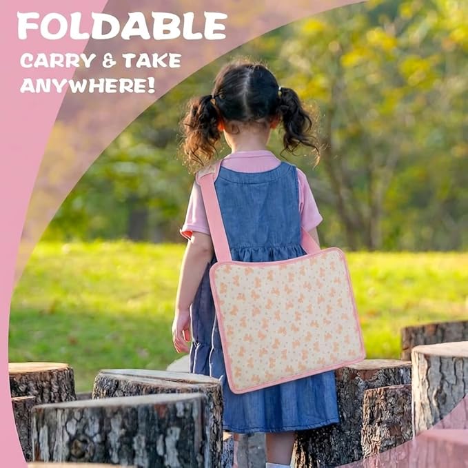 MENZOKE Kids Travel Tray for Toddler Car Seat, Toddler Travel Activities for Girl with iPad Holder Stand & Storage Pockets, Road Trip Essentials Accessories Lap Tray as Birthday Gift, Beige & Pink