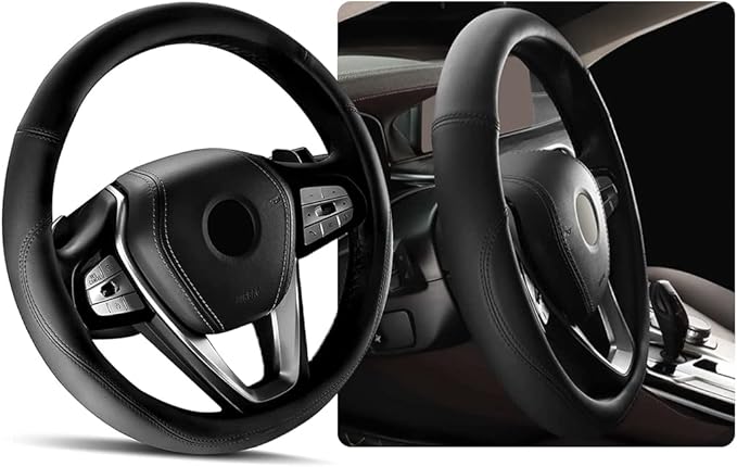 Ziciner Steering Wheel Cover, Soft Leather Premium Durable Elastic Auto Wheel Cover Protector, Stretch Breathable Anti-Slip Lining, Universal 14.5-15 inch Car Interior Accessories (Black)