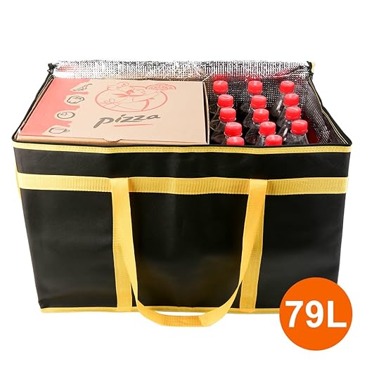 Bodaon Insulated Food Delivery Bag, XXXL Pizza Delivery Bags for Hot and Cold Food, Commercial, Large Capacity Reusable Warming Bag, Catering Cooler Bag for Catering (Black-Yellow Edge, 1Pk)