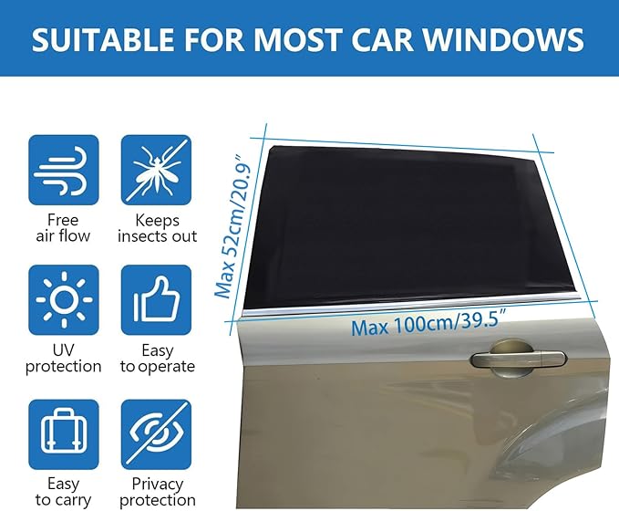 Car Window Sun Shade Cover -2 Pack Breathable Mesh Rear Side Window Shade Sunshade UV Protection for Baby Kids Pet Size M, Mosquito Net Curtain Fit for Most(95%) of Cars, Cover Full Window