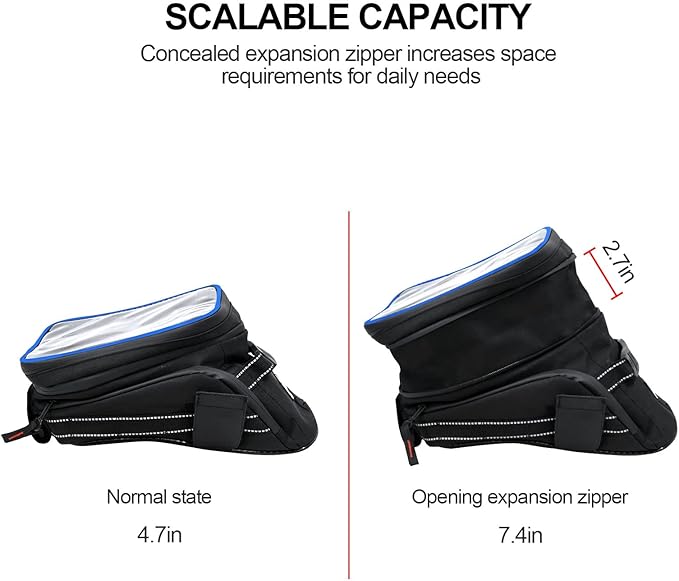 Motorcycle Tank Bag w/Strap Storage Bag Compatible with Honda Yamaha Suzuki Kawasaki Harley Water Resistant (Blue Piping)