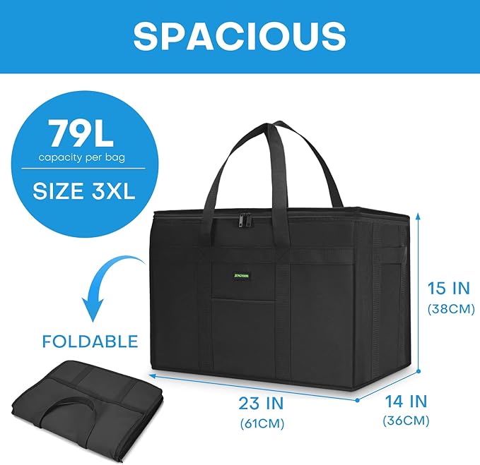 JUNGYOON Heavy-Duty Insulated Grocery Bags & Insulated Bag – Collapsible Cooler Bag with Zippered Top