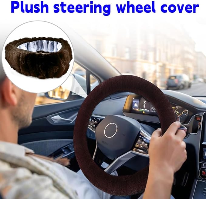 Fluffy Steering Wheel Cover, Winter Warm, Suitable for Most Car Steering Wheels in The 14-15 Inch Range (Coffee, 1PCS)