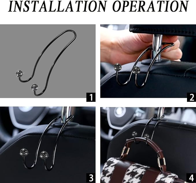 SAVORI Auto Hooks Bling Car Hangers Organizer Seat Headrest Hooks Strong and Durable Backseat Hanger Storage Universal for SUV Truck Vehicle 2 Pack (Black A)
