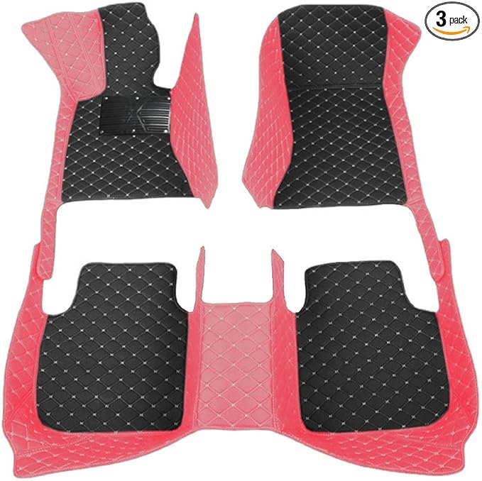 KaiLaiCarCustom Automotive Car Floor Mats for 99.99% Sedan SUV Sports Car Men Women Protection Full Coverage Pads Anti-Slip Leather Floor Lining (Pink + Black Beige, C- Diamond Double Spelling)
